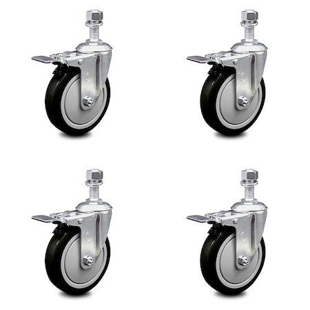 Service Caster 5 Inch Black Polyurethane Swivel 12mm Stem Caster Set with Total Lock Brake SCC-TSTTL20S514-PPUB-BLK-M1215-4